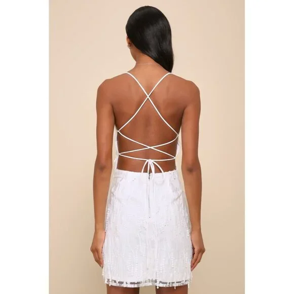 Lulus Making Magic White Fringe Lace-Up Mini Dress Size Medium - Picture 2 of 14